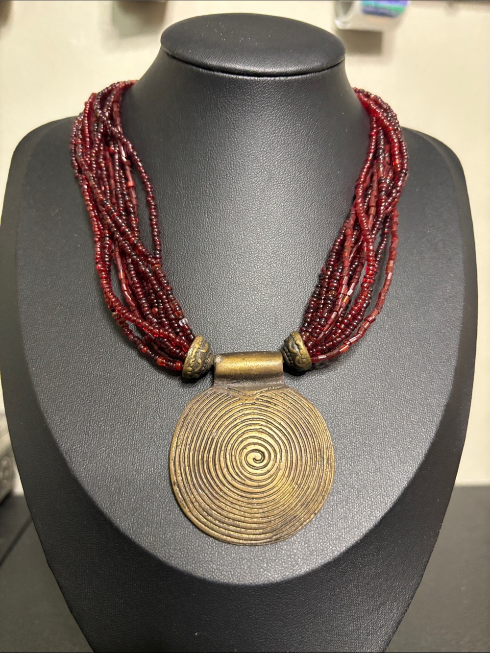 Handcrafted Red Glass Beaded Bib Statement Necklace Gold Spiral Pendant